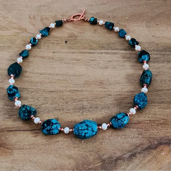 Genuine Turquoise and FreshwaterPearl Necklace with Solid Copper Beads & Clasp - Picture 3 of 12